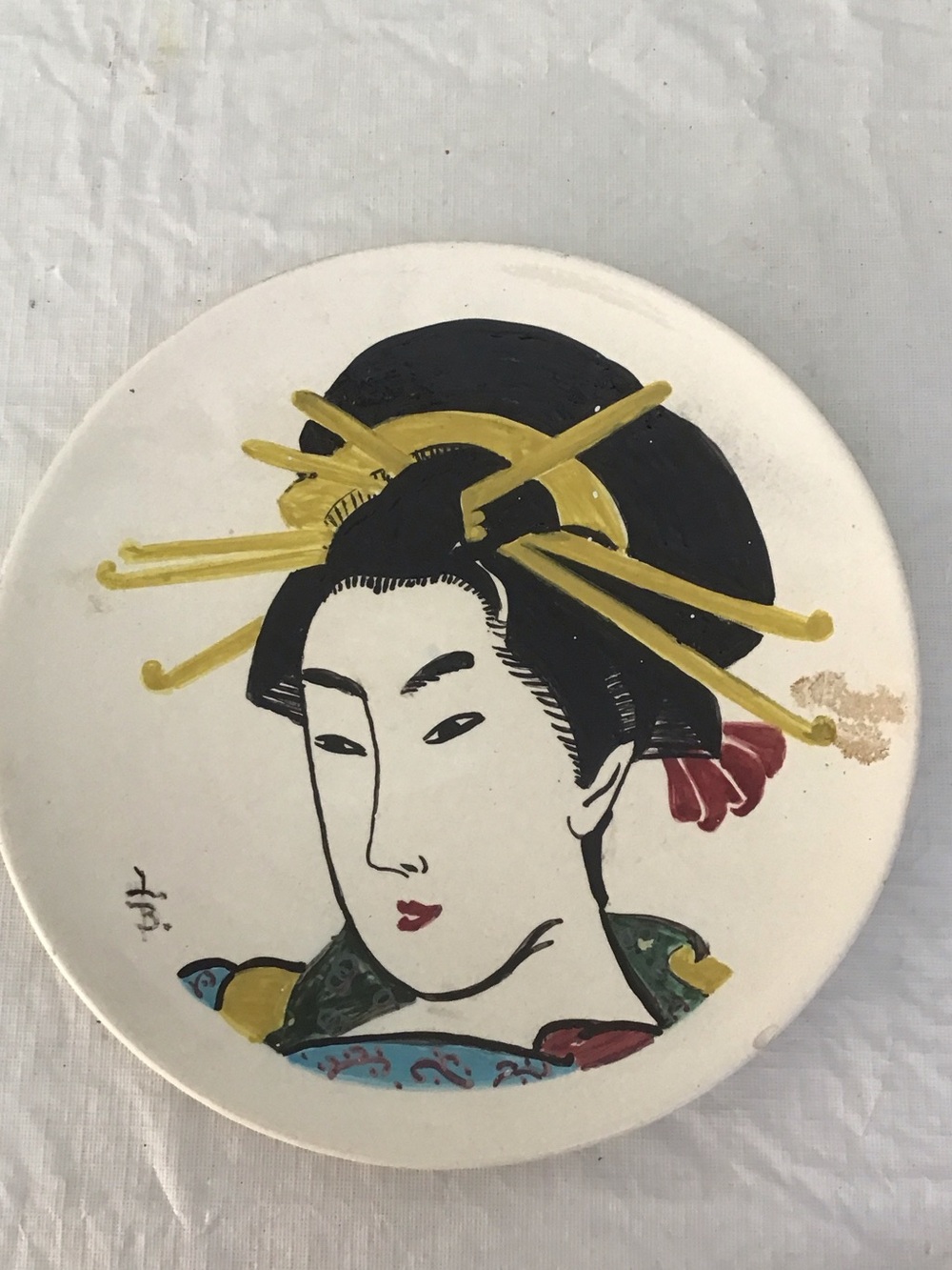 Hand-Painted Geisha Decorative Wall Plate - Black & Gold Accents #218